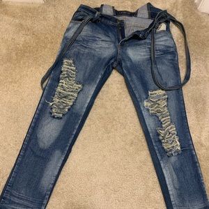 Denim distressed overalls